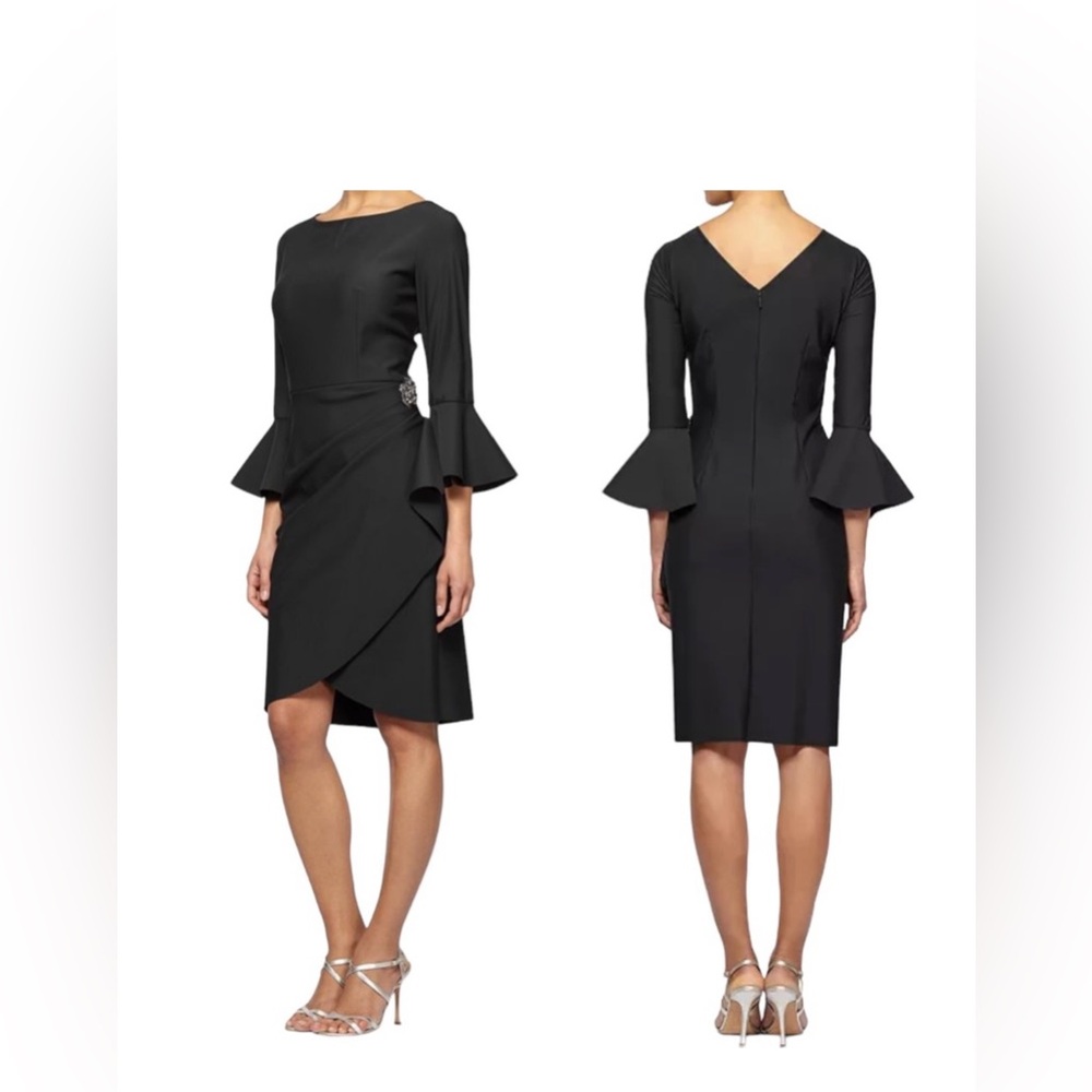 Alex Evenings | Bell Sleeve Draped Compression Sheath Dress Black Size 10